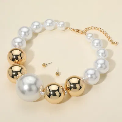 Fashnzfab Oversized Bold Two Tone Pearl Metal Ball Beaded Statement Necklace In Gold