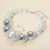 Fashnzfab Oversized Bold Two Tone Pearl Metal Ball Beaded Statement Necklace In Silver