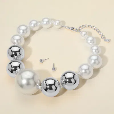 Fashnzfab Oversized Bold Two Tone Pearl Metal Ball Beaded Statement Necklace In Silver