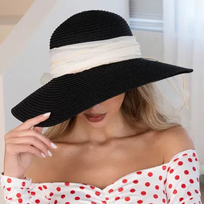 Fashnzfab Oversized Bow Band Wide Brim Straw Sun Hat In Black