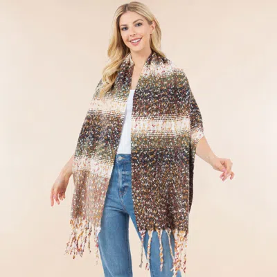 Fashnzfab Oversized Cozy Fringed Hem Textured Woven Color Block Scarf In Brown