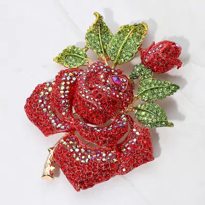 Fashnzfab Oversized Crystal Pave Rose Brooch In Red