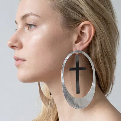 Fashnzfab Oversized Cutout Cross Accent Oval Statement Earrings In Neutral