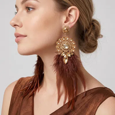 Fashnzfab Oversized Dramatic Floral Gem Feather Fringe Drop Statement Earrings In Brown