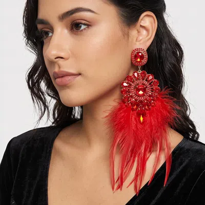 Fashnzfab Oversized Dramatic Floral Gem Feather Fringe Drop Statement Earrings In Red