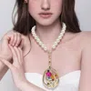Fashnzfab Oversized Elegant Sculpted Pendant Accent Pearl Statement Necklace In Gold