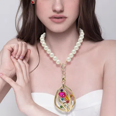 Fashnzfab Oversized Elegant Sculpted Pendant Accent Pearl Statement Necklace In Gold