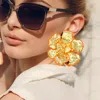 Fashnzfab Oversized Pearl Pointed Enamel Painted Rim Hammered Metal Flower Earrings In Gold