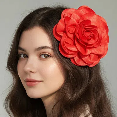 Fashnzfab Oversized Fabric Floral Hair Clip Hair Band Pin Brooch In Red