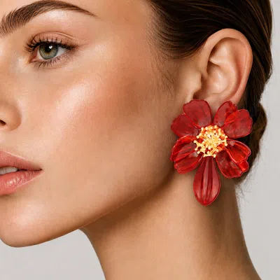 Fashnzfab Oversized Floral Statement Earrings In Red