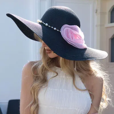 Fashnzfab Oversized Flower Accent Pearl Link Band Wide Brim Straw Sun Hat In Black