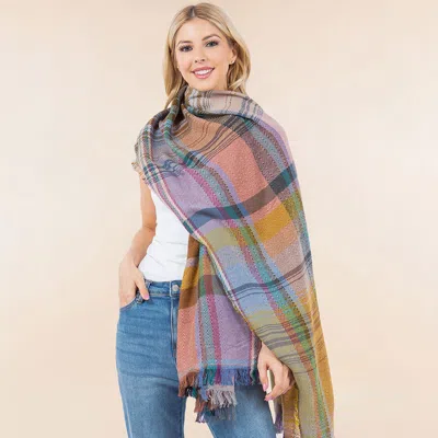 Fashnzfab Oversized Frayed Edge Soft Weave Plaid Scarf In Multi