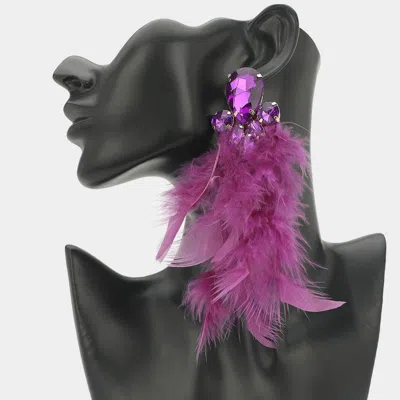 Fashnzfab Oversized Glass Stone Accent Feather Drop Statement Earrings In Purple