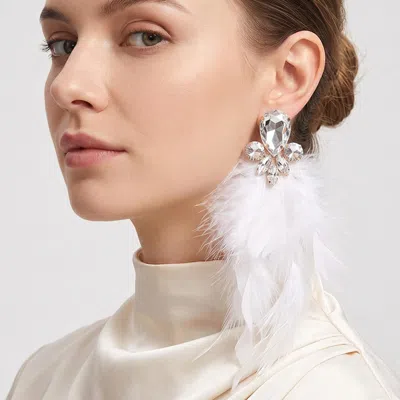 Fashnzfab Oversized Glass Stone Accent Feather Drop Statement Earrings In White