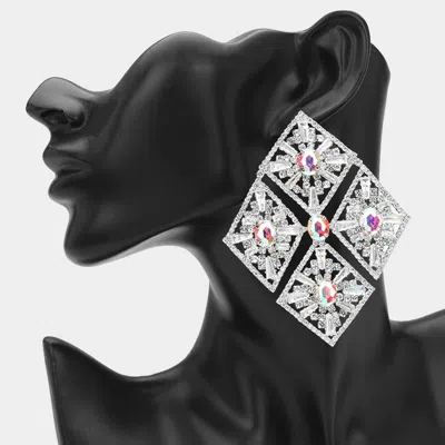 Fashnzfab Oversized Glass Stone Embellished Diamond Frame Chandelier Evening Earrings In Silver