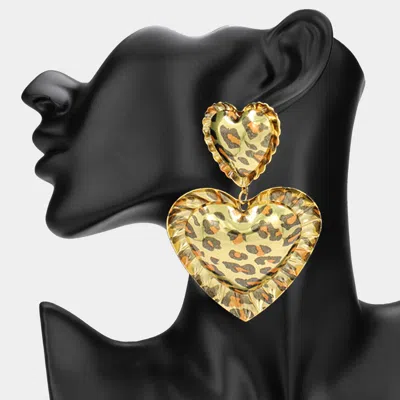 Fashnzfab Oversized Leopard Pattern Printed Double Heart Dangle Earrings In Black