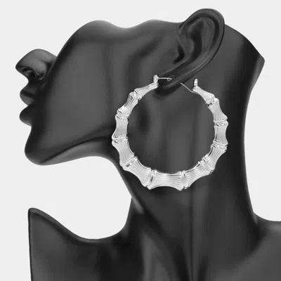 Fashnzfab Oversized Metal Bamboo Pin Catch Hoop Earrings - Rhodium In Silver
