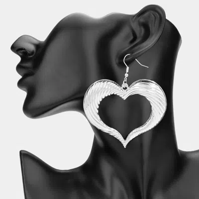 Fashnzfab Oversized Open Puffy Metal Heart Dangle Earrings - Rhodium In Brown