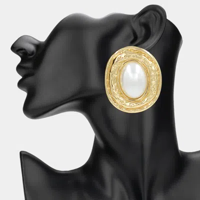 Fashnzfab Oversized Oval Pearl Accented Hammered Metal Plate Earrings In Multi