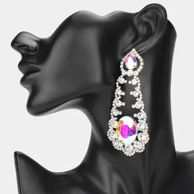 Fashnzfab Oversized Oval Teardrop Stone Cluster Accented Rhinestone Chandelier Evening Earrings - Ab, Gold In Metallic
