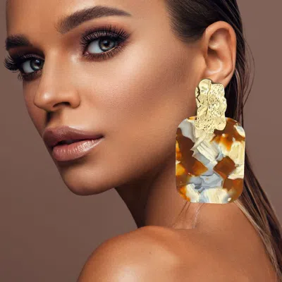 Fashnzfab Oversized Patterned Celluloid Acetate Plate Accent Doorknocker Earrings - Gold, Multi
