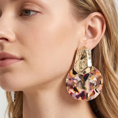 Fashnzfab Oversized Patterned Celluloid Acetate Round Plate Accent Statement Earrings In Multi