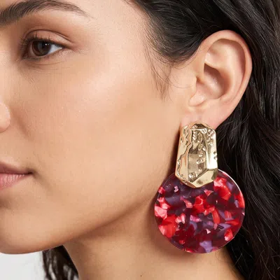 Fashnzfab Oversized Patterned Celluloid Acetate Round Plate Accent Statement Earrings In Red