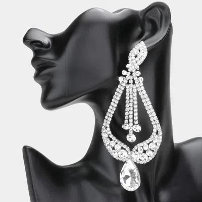 Fashnzfab Oversized Pave Glass Teardrop Chandelier Evening Earrings - Silver In Metallic