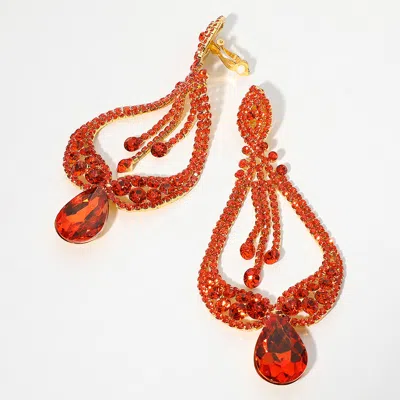 Fashnzfab Oversized Pave Glass Teardrop Chandelier Evening Earrings In Red