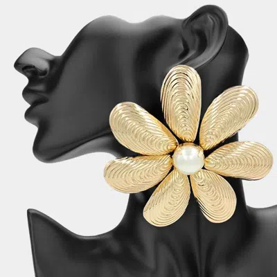 Fashnzfab Oversized Pearl Accent Metal Flower Earrings In Gold