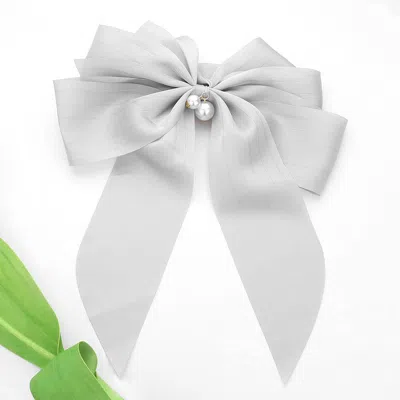 Fashnzfab Oversized Pearl Dangle Pointed Bow Barrette In White