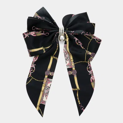 Fashnzfab Oversized Pearl Dangle Pointed Chain Pattern Bow Barrette In Black