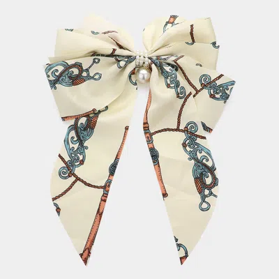 Fashnzfab Oversized Pearl Dangle Pointed Chain Pattern Bow Barrette In Neutral