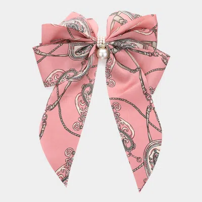 Fashnzfab Oversized Pearl Dangle Pointed Chain Pattern Bow Barrette In Pink