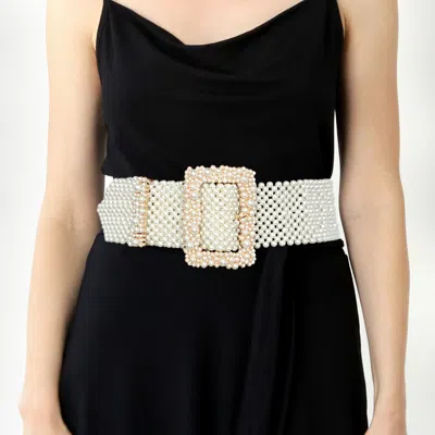 Fashnzfab Oversized Pearl Embellished Rectangle Buckle Accented Belt In Black