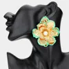 Fashnzfab Oversized Pearl Pointed Enamel Painted Rim Hammered Metal Flower Earrings In Green