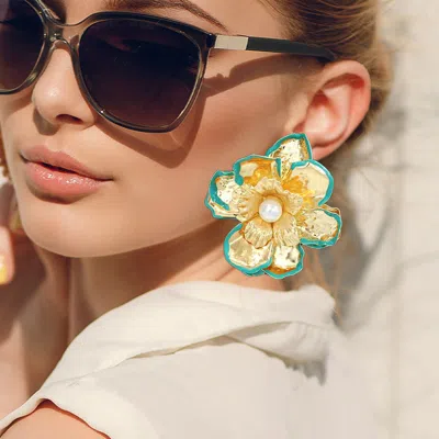 Fashnzfab Oversized Pearl Pointed Enamel Painted Rim Hammered Metal Flower Earrings - Turquoise In Silver