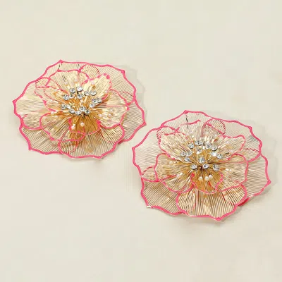 Fashnzfab Oversized Pearl Rhinestone Bud Pointed Enamel Rim Metal Cutout Flower Earrings - Pink In Multi