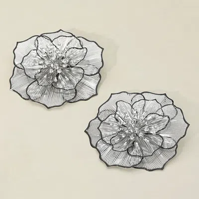 Fashnzfab Oversized Pearl Rhinestone Bud Pointed Enamel Rim Metal Cutout Flower Earrings In Metallic