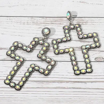 Fashnzfab Oversized Rhinestone Cluster Embellished Open Cross Dangle Statement Earrings - Ab, Silver Burnished