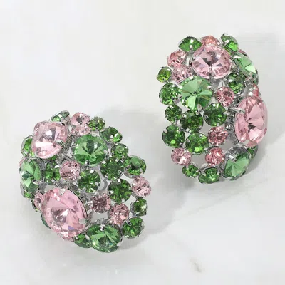 Fashnzfab Oversized Rhinestone Cluster Evening Clip On Earrings - Pink & Green