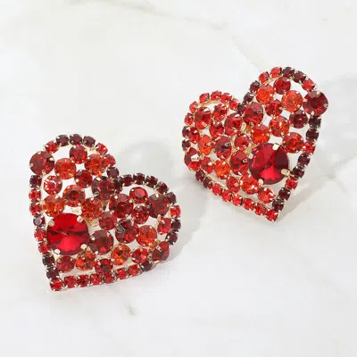 Fashnzfab Oversized Rhinestone Cluster Heart Evening Clip On Earrings In Red
