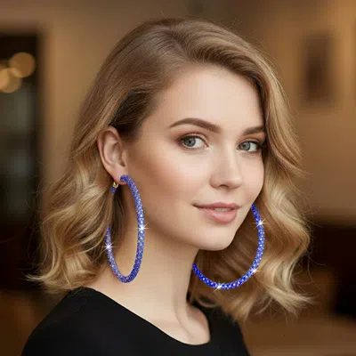 Fashnzfab Oversized Rhinestone Embellished Hoop Earrings - Gold, Sapphire