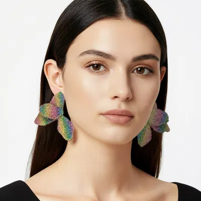 Fashnzfab Oversized Rhinestone Paved Floral Petal Statement Earrings In Multi