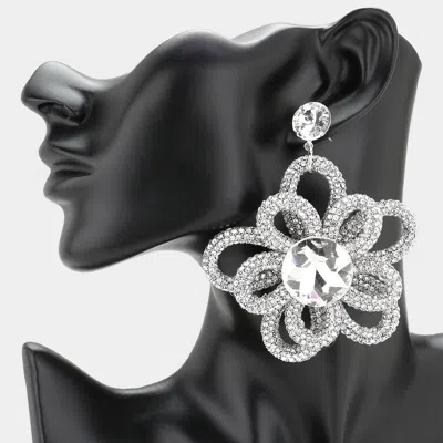 Fashnzfab Oversized Round Stone Pointed Bling Studded Flower Dangle Earrings - Clear, Rhodium In Multi