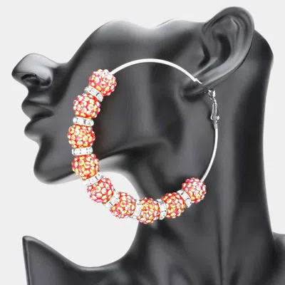 Fashnzfab Oversized Shamballa Ball Hoop Earrings - Red, Rhodium In Metallic