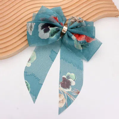 Fashnzfab Oversized Sheer Floral Print Bow Barrette In Blue