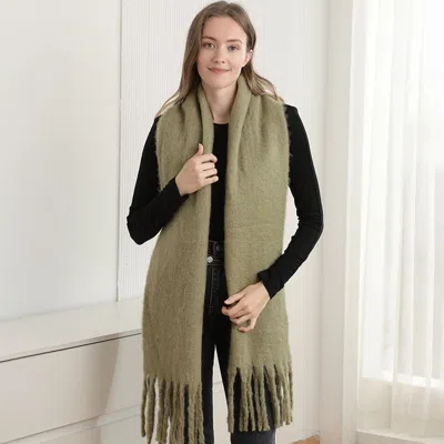 Fashnzfab Oversized Solid Color Long Fringed Oblong Winter Scarf In Green