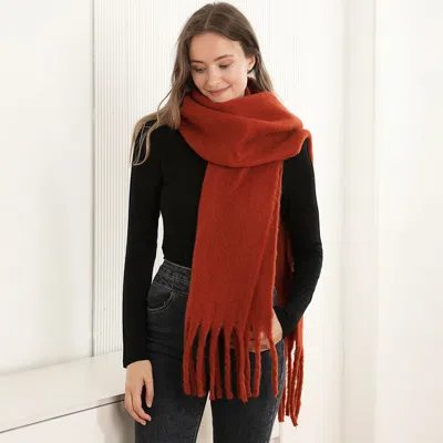 Fashnzfab Oversized Solid Color Long Fringed Oblong Winter Scarf In Orange