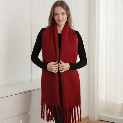 Fashnzfab Oversized Solid Color Long Fringed Oblong Winter Scarf In Red